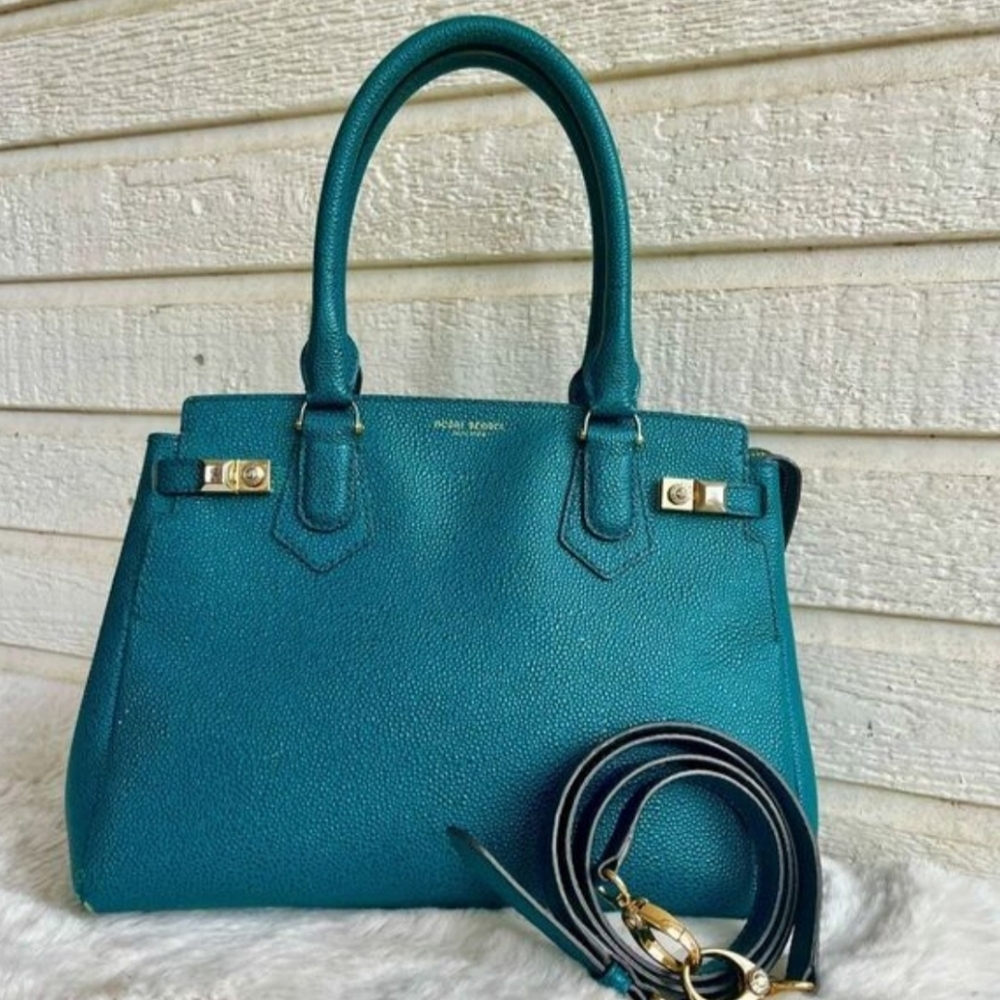 HENRI BENDEL Turquoise Tumbled Caviar Leather Satchel Tote Carlyle Work Bag